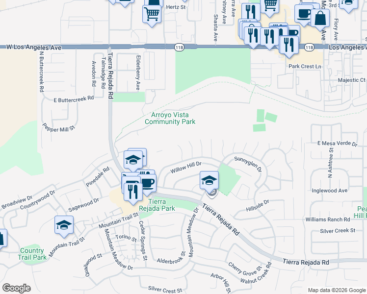 map of restaurants, bars, coffee shops, grocery stores, and more near 4466 Summerglen Court in Moorpark