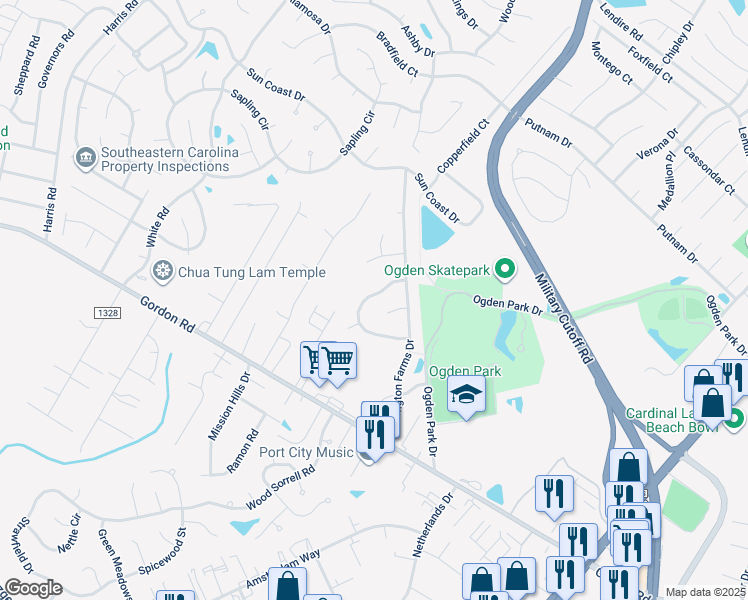 map of restaurants, bars, coffee shops, grocery stores, and more near 208 Olde Well Loop Road in Wilmington