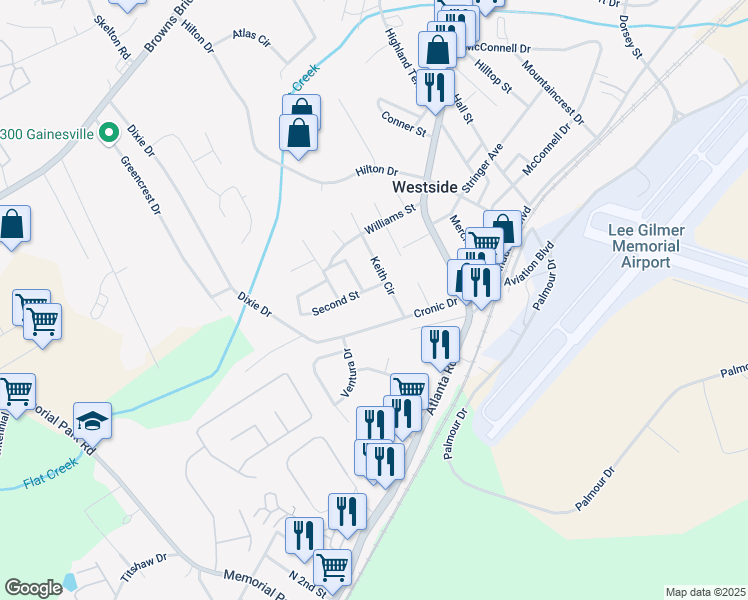 map of restaurants, bars, coffee shops, grocery stores, and more near 302 Keith Circle in Gainesville
