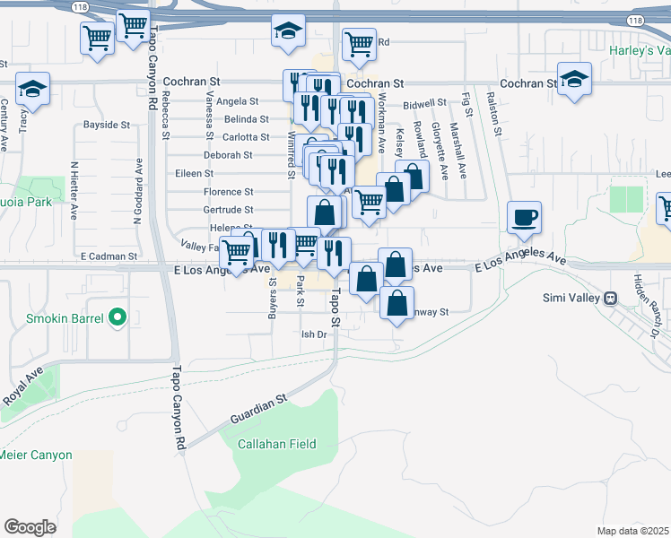 map of restaurants, bars, coffee shops, grocery stores, and more near  in Simi Valley