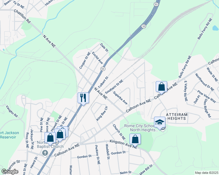 map of restaurants, bars, coffee shops, grocery stores, and more near 2017 Southern Street Northeast in Rome