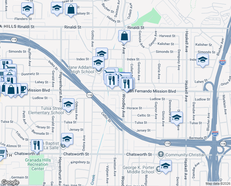 map of restaurants, bars, coffee shops, grocery stores, and more near 16228 San Fernando Mission Boulevard in Los Angeles