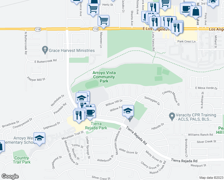 map of restaurants, bars, coffee shops, grocery stores, and more near 4466 Summerglen Court in Moorpark