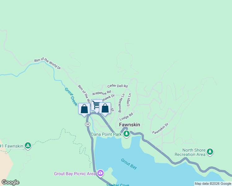 map of restaurants, bars, coffee shops, grocery stores, and more near 39286 Arapahoe Road in Fawnskin