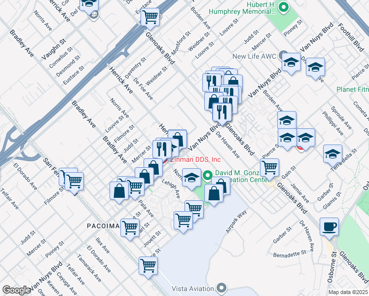 map of restaurants, bars, coffee shops, grocery stores, and more near 12937 Van Nuys Boulevard in Los Angeles