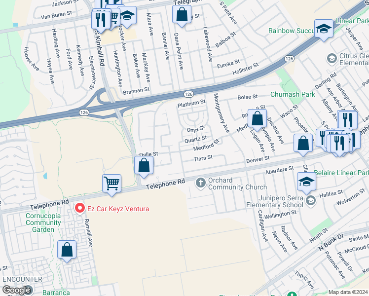 map of restaurants, bars, coffee shops, grocery stores, and more near 8119 Medford Street in Ventura