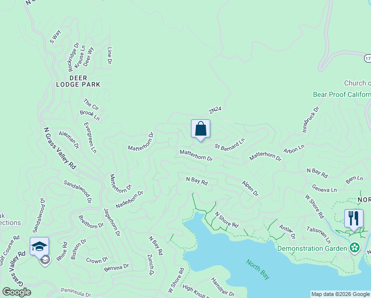 map of restaurants, bars, coffee shops, grocery stores, and more near 27604 Matterhorn Drive in Lake Arrowhead