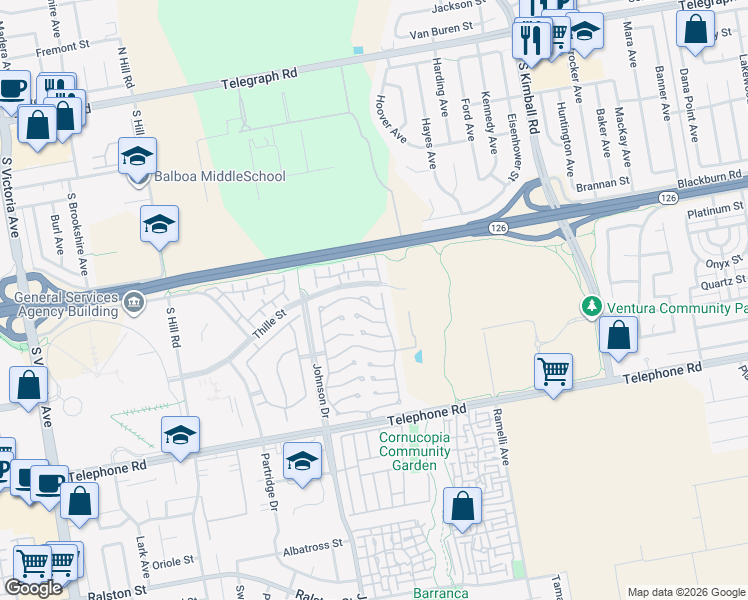 map of restaurants, bars, coffee shops, grocery stores, and more near 206 Browning Avenue in Ventura