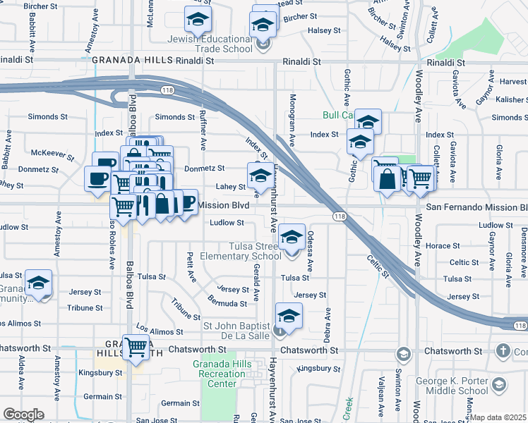 map of restaurants, bars, coffee shops, grocery stores, and more near 16605 San Fernando Mission Boulevard in Los Angeles