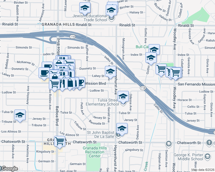 map of restaurants, bars, coffee shops, grocery stores, and more near 16655 San Fernando Mission Boulevard in Los Angeles
