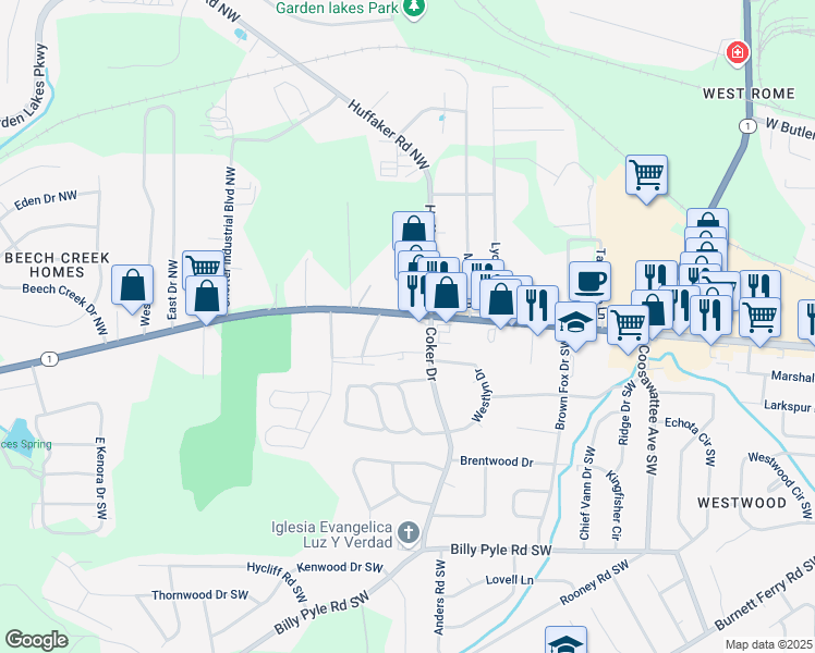 map of restaurants, bars, coffee shops, grocery stores, and more near 2507 Shorter Avenue in Rome