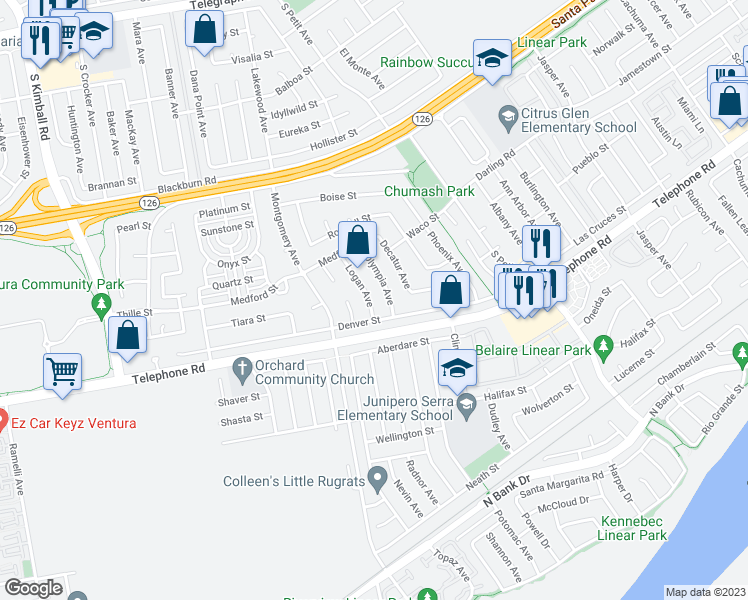 map of restaurants, bars, coffee shops, grocery stores, and more near 954 Logan Avenue in Ventura