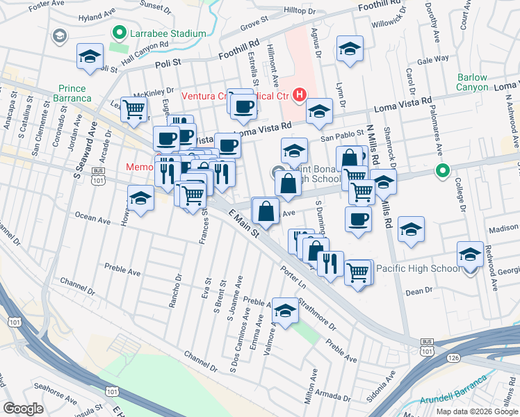map of restaurants, bars, coffee shops, grocery stores, and more near 3050 Telegraph Road in Ventura