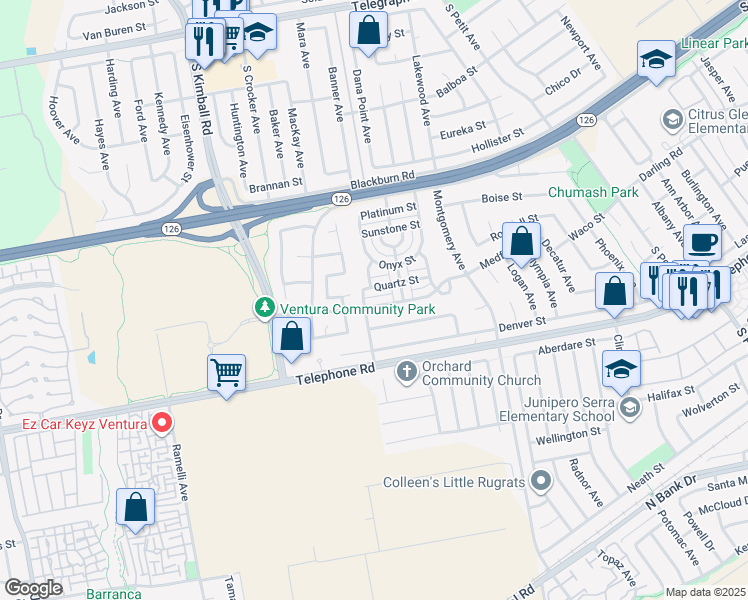 map of restaurants, bars, coffee shops, grocery stores, and more near 8119 Medford Street in Ventura