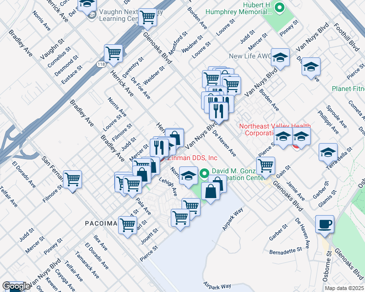 map of restaurants, bars, coffee shops, grocery stores, and more near 12911 Van Nuys Boulevard in Los Angeles