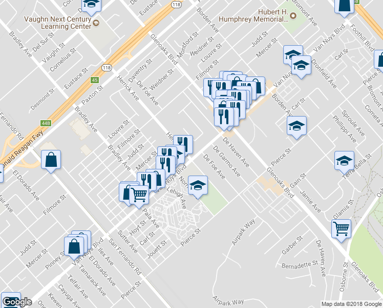 map of restaurants, bars, coffee shops, grocery stores, and more near 12937 Van Nuys Boulevard in Los Angeles