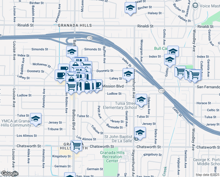 map of restaurants, bars, coffee shops, grocery stores, and more near 16736 San Fernando Mission Boulevard in Los Angeles