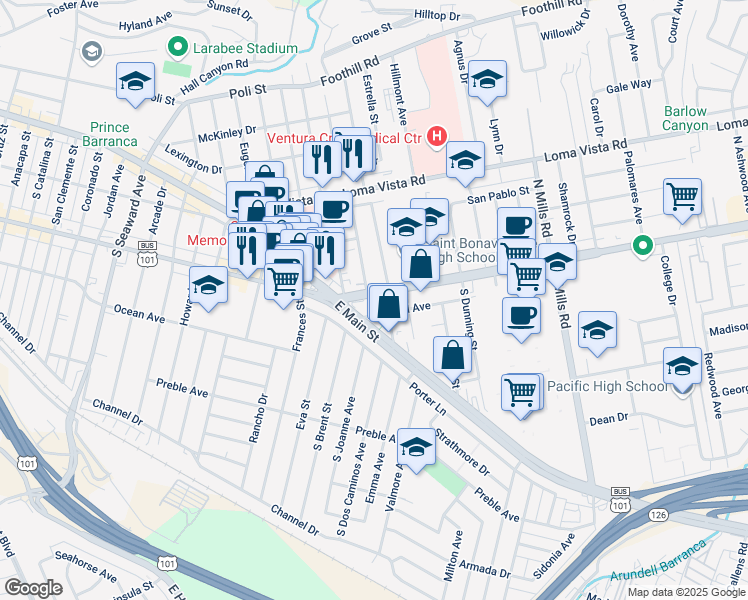 map of restaurants, bars, coffee shops, grocery stores, and more near 2919 Telegraph Road in Ventura
