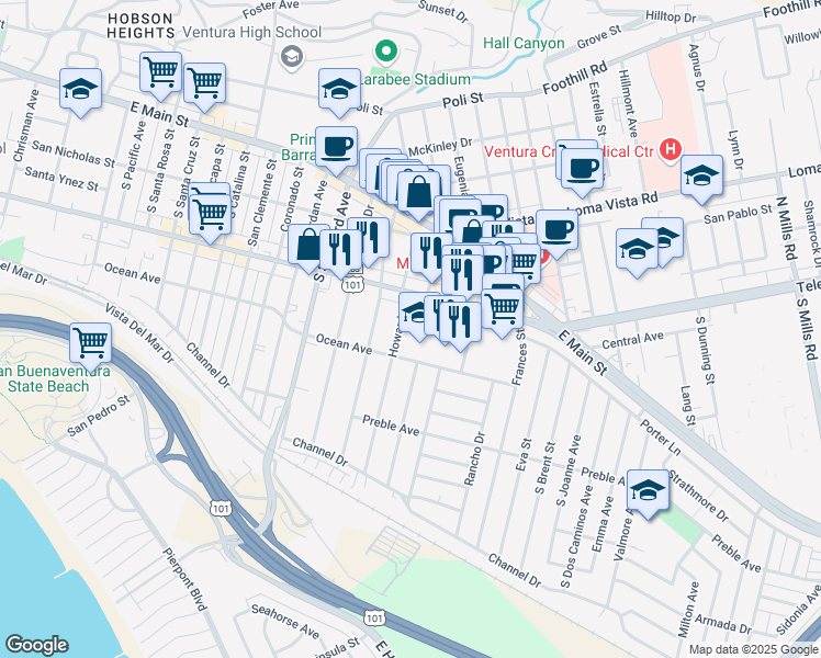 map of restaurants, bars, coffee shops, grocery stores, and more near 316 Howard Street in Ventura
