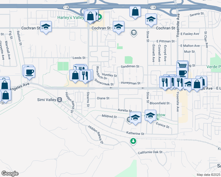 map of restaurants, bars, coffee shops, grocery stores, and more near 5344 East Los Angeles Avenue in Simi Valley