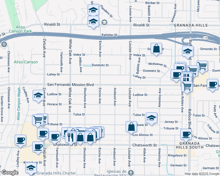 map of restaurants, bars, coffee shops, grocery stores, and more near 17404 San Fernando Mission Boulevard in Los Angeles