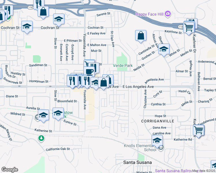 map of restaurants, bars, coffee shops, grocery stores, and more near East Los Angeles Avenue & North Avenida Vista Del Monte in Simi Valley
