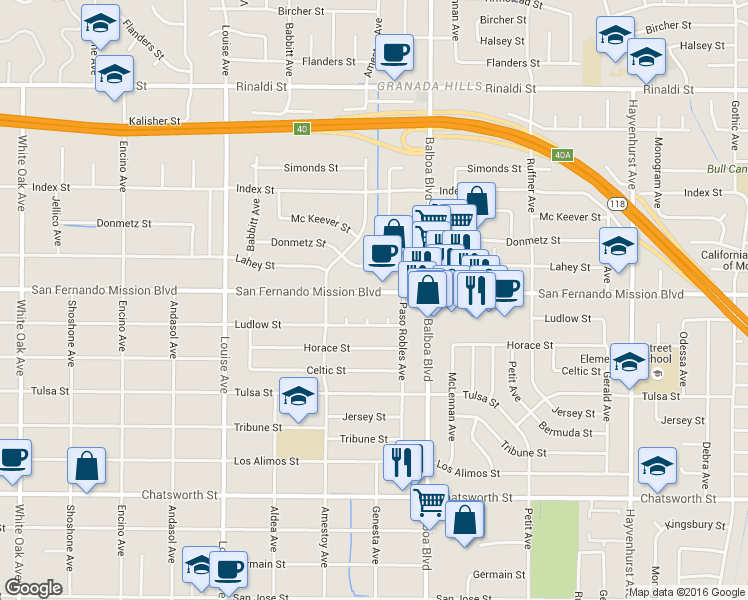 map of restaurants, bars, coffee shops, grocery stores, and more near 17062 San Fernando Mission Boulevard in Los Angeles