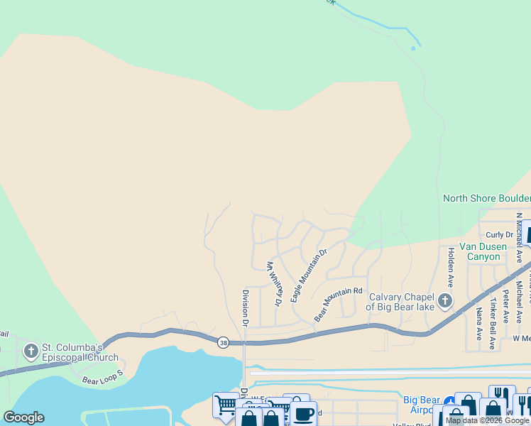 map of restaurants, bars, coffee shops, grocery stores, and more near 1117 Crater Mountain Drive in Big Bear