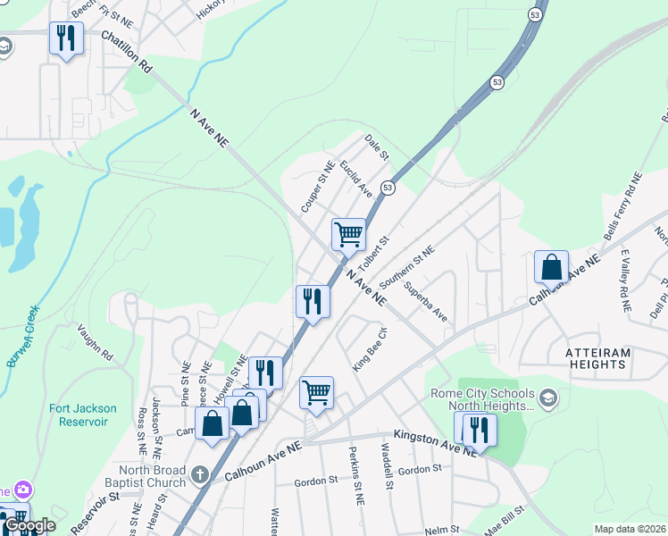 map of restaurants, bars, coffee shops, grocery stores, and more near 1945 North Broad Street in Rome