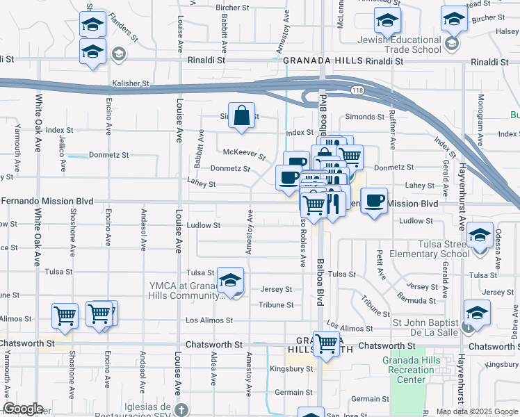 map of restaurants, bars, coffee shops, grocery stores, and more near 17120 San Fernando Mission Boulevard in Los Angeles