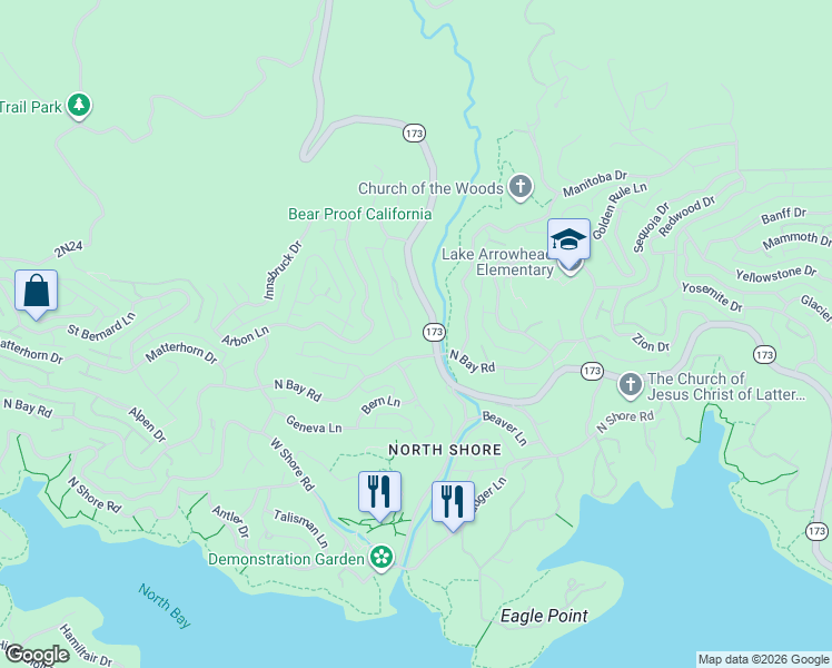 map of restaurants, bars, coffee shops, grocery stores, and more near 1212 Portillo Lane in Lake Arrowhead