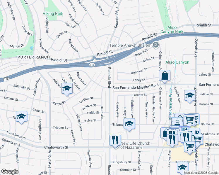 map of restaurants, bars, coffee shops, grocery stores, and more near Reseda Blvd & San Fernando Mission Blvd in Los Angeles