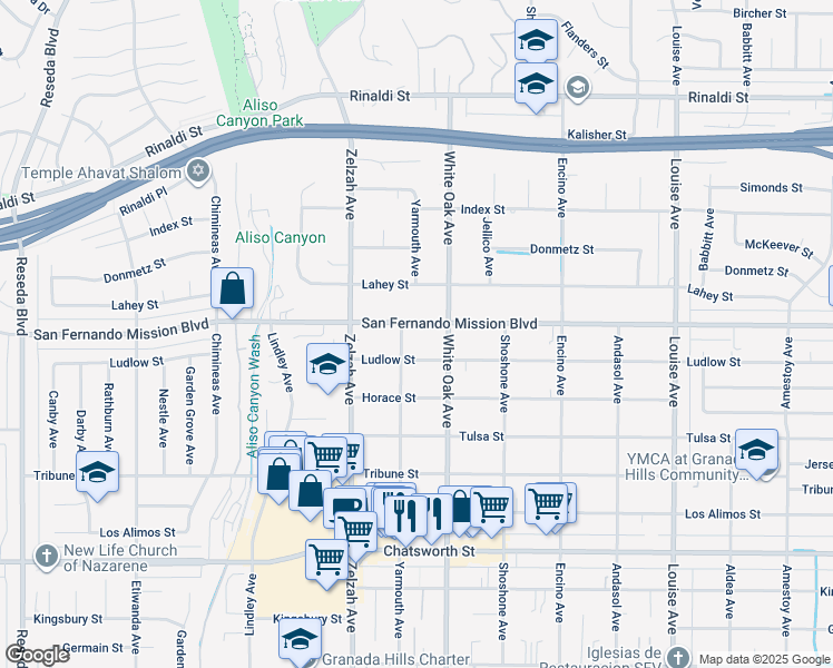 map of restaurants, bars, coffee shops, grocery stores, and more near 17736 San Fernando Mission Boulevard in Los Angeles