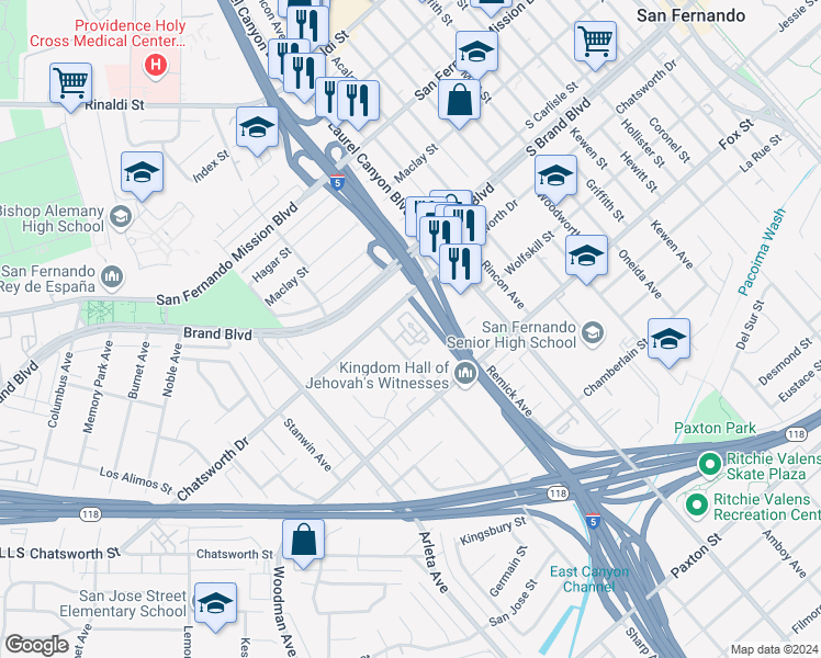 map of restaurants, bars, coffee shops, grocery stores, and more near in San Fernando