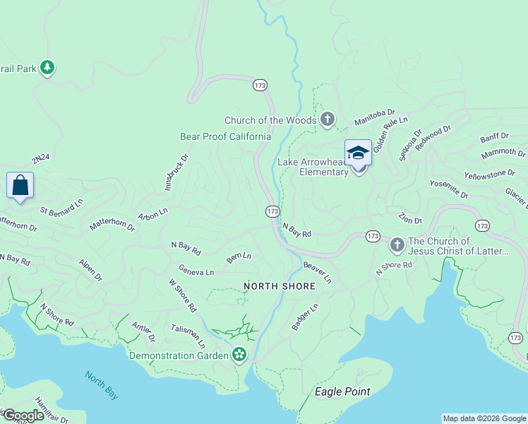 map of restaurants, bars, coffee shops, grocery stores, and more near 1212 Portillo Lane in Lake Arrowhead
