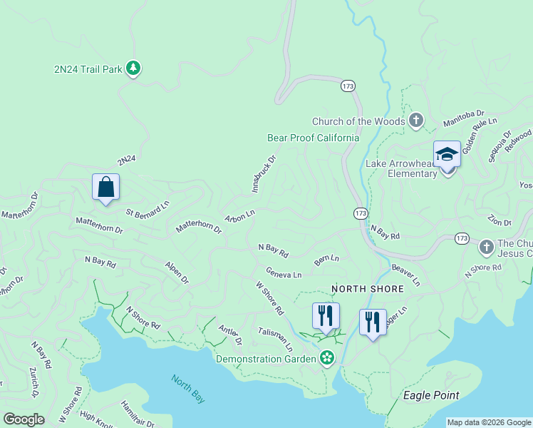 map of restaurants, bars, coffee shops, grocery stores, and more near 28103 Arbon Lane in Lake Arrowhead