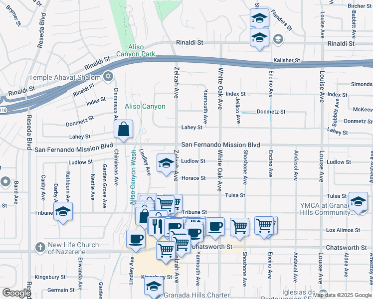 map of restaurants, bars, coffee shops, grocery stores, and more near 17828 San Fernando Mission Boulevard in Los Angeles