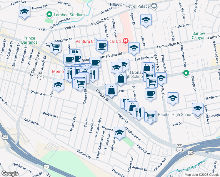 map of restaurants, bars, coffee shops, grocery stores, and more near 3050 Telegraph Road in Ventura