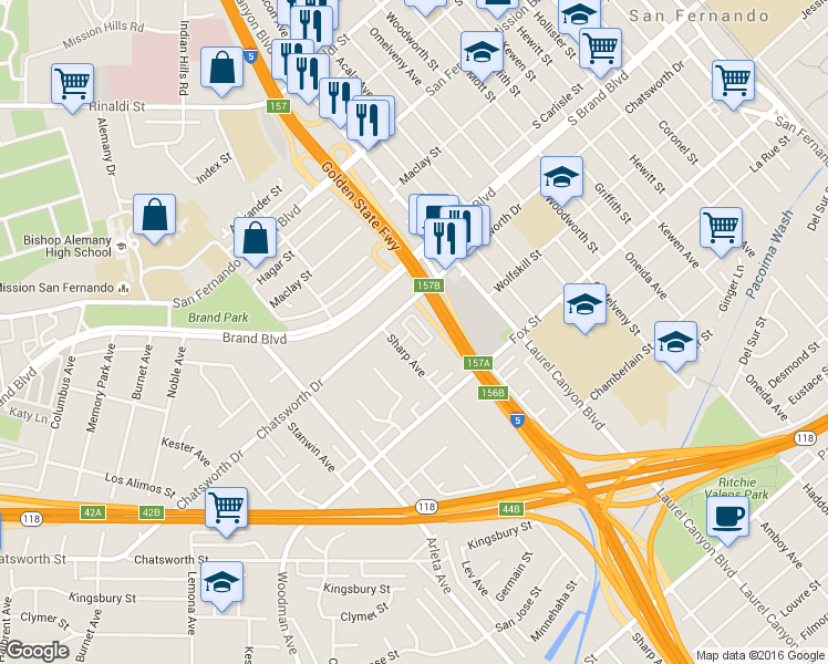 map of restaurants, bars, coffee shops, grocery stores, and more near 14606 Chatsworth Drive in Los Angeles