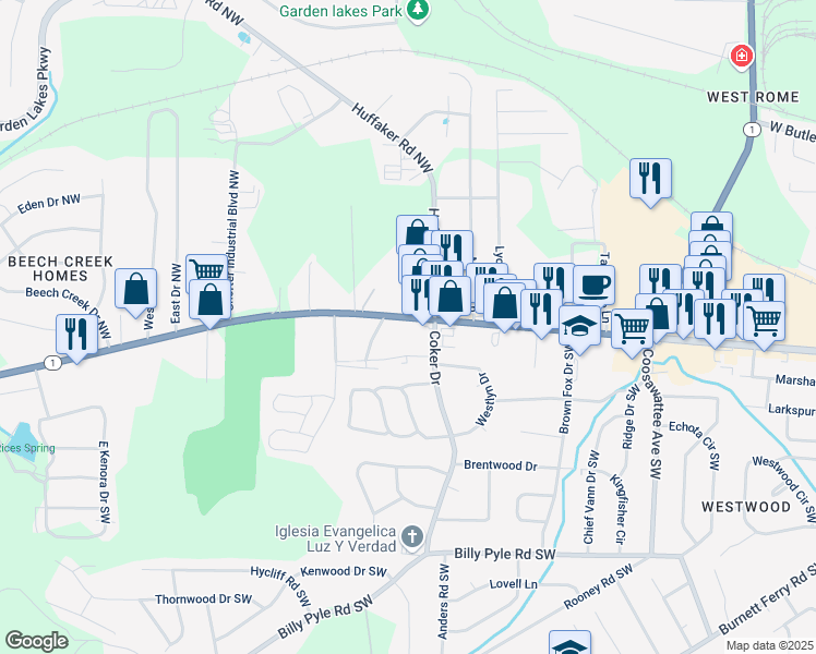 map of restaurants, bars, coffee shops, grocery stores, and more near 2507 Shorter Avenue in Rome