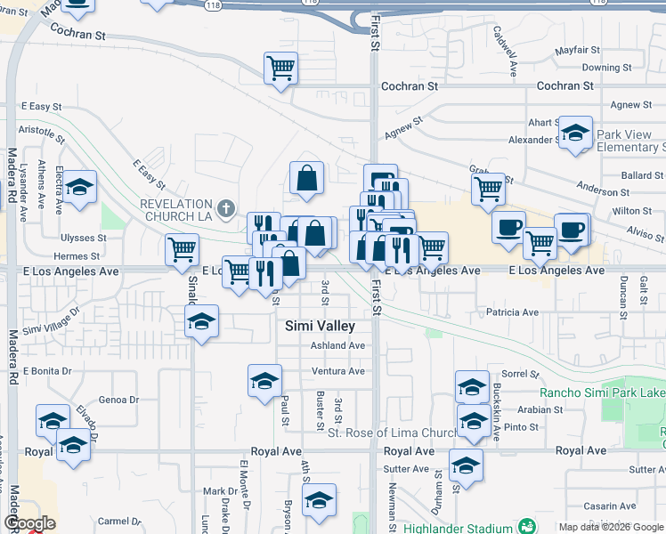 map of restaurants, bars, coffee shops, grocery stores, and more near 1603 East Los Angeles Avenue in Simi Valley
