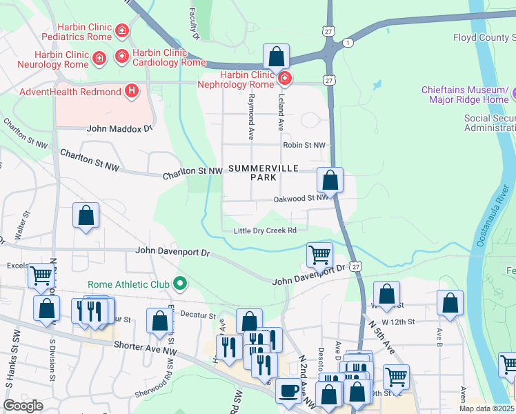 map of restaurants, bars, coffee shops, grocery stores, and more near 111 Oakwood Street Northwest in Rome