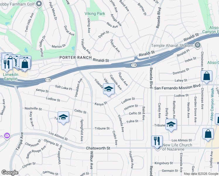 map of restaurants, bars, coffee shops, grocery stores, and more near 11111 Viking Avenue in Los Angeles