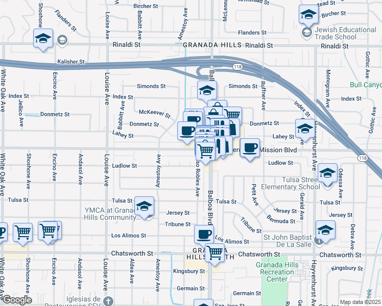map of restaurants, bars, coffee shops, grocery stores, and more near 17044 San Fernando Mission Boulevard in Los Angeles
