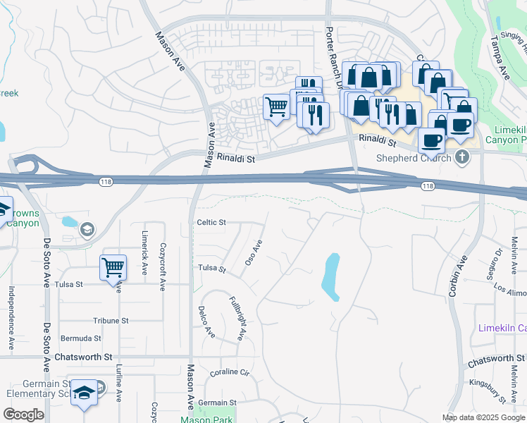 map of restaurants, bars, coffee shops, grocery stores, and more near 11075 Oso Avenue in Los Angeles
