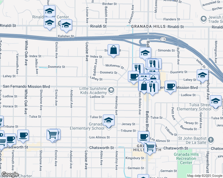 map of restaurants, bars, coffee shops, grocery stores, and more near 17162 San Fernando Mission Boulevard in Los Angeles