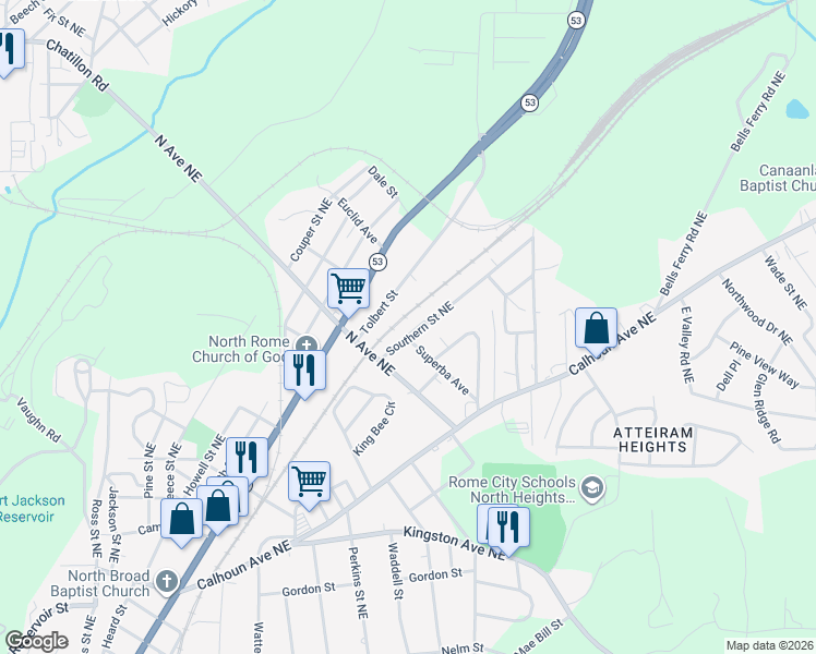 map of restaurants, bars, coffee shops, grocery stores, and more near 2103 Southern Street Northeast in Rome