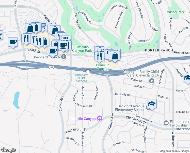map of restaurants, bars, coffee shops, grocery stores, and more near 19517 Celtic Street in Los Angeles