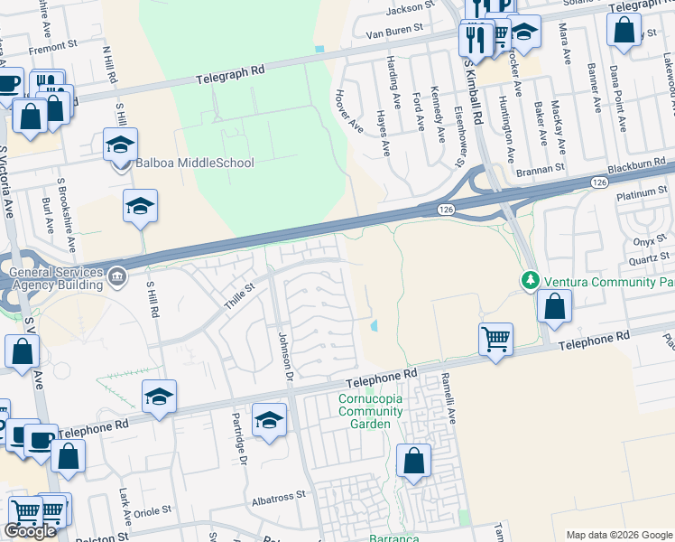 map of restaurants, bars, coffee shops, grocery stores, and more near 206 Browning Avenue in Ventura