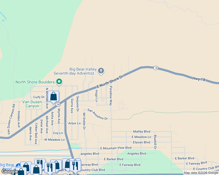map of restaurants, bars, coffee shops, grocery stores, and more near 1098 Pan Springs Lane in Big Bear